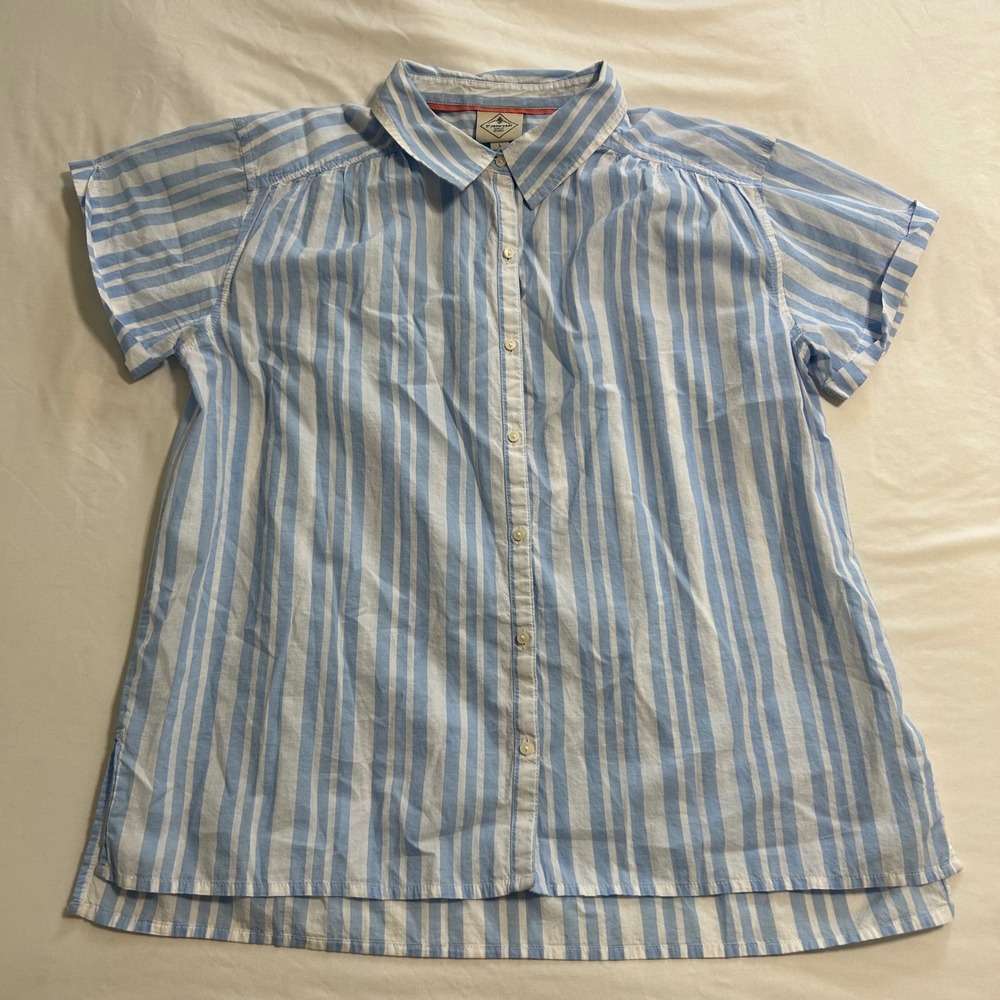 St John's Bay Womens Blue White Striped Cotton Button Down Short Sleeve Shirt L